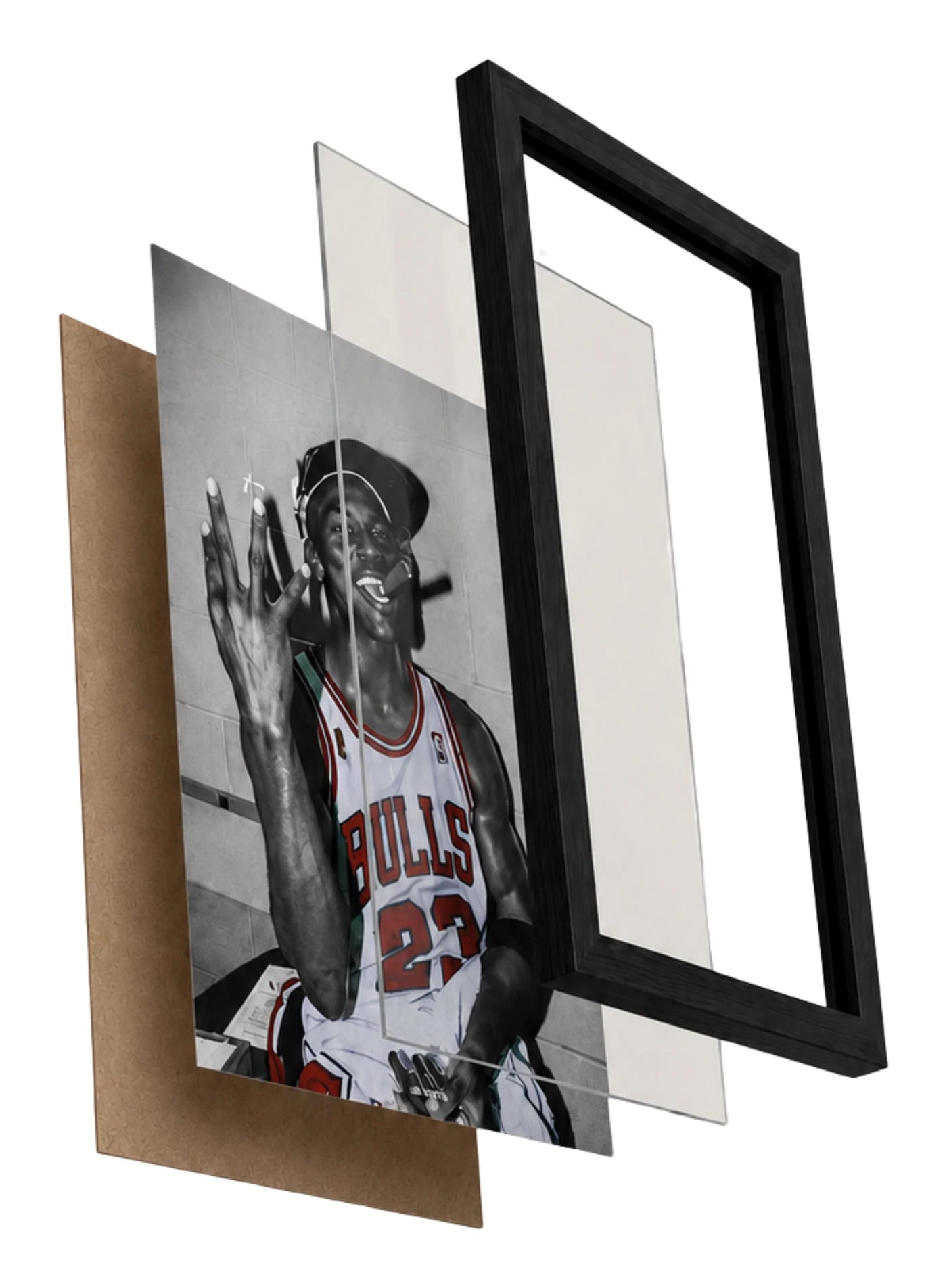 Elevate poster: backing, print, clear front and frame